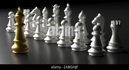 Leader, Business erfolg konzept. Chess King Gold vor ständigen Silber Schach auf schwarzen Hintergrund. 3D-Darstellung Stockfoto