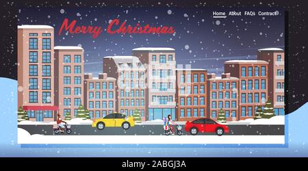 Autos und Roller fahren Asphaltstraße verschneite Stadt Straße winter Stadt Gebäude nacht Stadtbild Schneefall horizontale Grußkarte Vector Illustration Stock Vektor