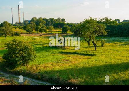 Landschaft mit Blick auf die Schornsteine der Kraftwerk Siekierki, Warschau, Polen Stockfoto