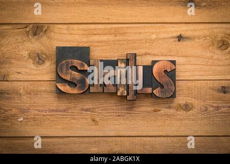 Fähigkeiten, einzelnes Wort mit Vintage Buchdruck Blöcke auf rustikalem Holz Hintergrund geschrieben. Stockfoto