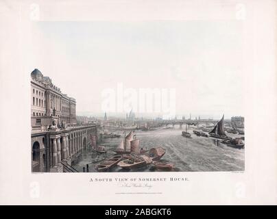 Ein Blick nach Süden von Somerset House von der Waterloo Bridge in London, England. Nach einer Arbeit vom 1817 von Joseph Konstantin Stadler. Später einfärben. Stockfoto