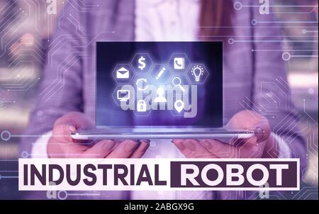 Schreiben Hinweis angezeigt Industrieroboter. Business Konzept für Mechanismus, bei der Herstellung von Produkten eingesetzt Stockfoto