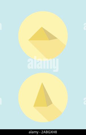 Stylized Vector Illustration von unterschiedlich geformten Pyramiden in gelbe Kreise auf hellblauem Hintergrund. Pyramide logo Konzept. Symbol des alten Ägypten. Stockfoto