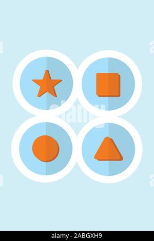 Eingestellt von Kreisen mit geometrischen Formen in ihnen auf blauem Hintergrund. Vector Illustration. Set mit geometrischen Form. Einfache Formen. Stockfoto