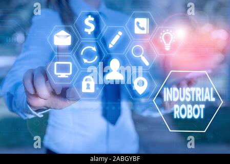 Schreiben Hinweis angezeigt Industrieroboter. Business Konzept für Mechanismus, bei der Herstellung von Produkten eingesetzt Stockfoto