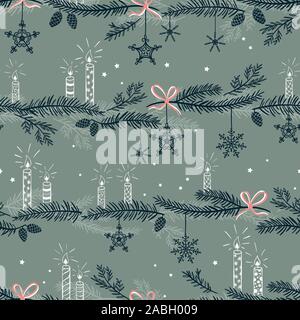Süße Hand gezeichnet nahtlose Muster mit Kerzen, Niederlassungen und Weihnachten Dekoration - x mas Hintergrund, großartig für Textilien, Banner, Wallpaper - Vektor Stock Vektor