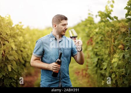 Porträt eines Mannes mit Weinprobe in einem Weingut. Geschossen von einem stattlichen reifer Mann Weinproben außerhalb in einem Weinberg Stockfoto