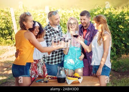 Junge Freunde Spaß am Picknick im Weinberg outdoor. Gruppe von jungen Menschen. Freundschaft, Sommer, Essen Wein Konzept Stockfoto