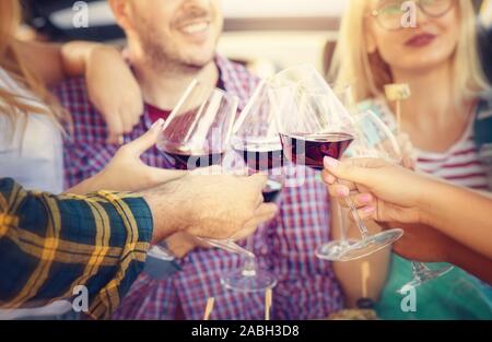 Gruppe der glücklichen Freunde trinken und Toasten rot Wein im Weinberg. Selektiver Fokus auf die weingläser in der Mitte Stockfoto