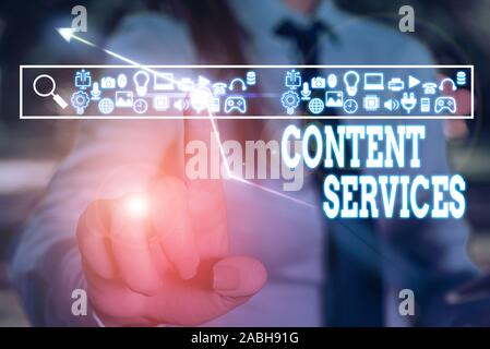 Text Zeichen zeigen Content Services. Business Foto Text liefert den Inhalt auf deanalysisd zu den Service Consumer Stockfoto
