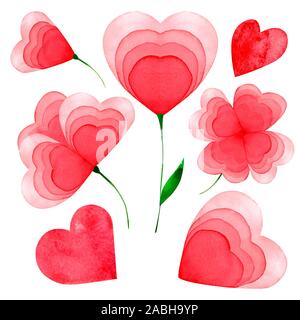 Liebe Blumen rot Herz Aquarell auf weiße Farbe auf Papier Schneiden isolierter lackiert Stockfoto