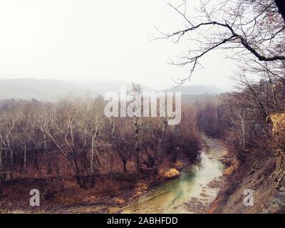 Mystique Nebensaison Wald Stones River. Bergwald mit Steinen. Mountain Road im Wald Wald in den Bergen. Reise durch den Wald Stockfoto