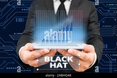 Schreiben Hinweis zu schwarzen Hut. Business Konzept für in Bezug schlecht demonstrieren vor allem ein Bösewicht oder Kriminellen verwendet Stockfoto