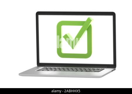 Grünes Häkchen im Laptop auf weißem Hintergrund laptop 3d-Abbildung 3D-Rendering Stockfoto