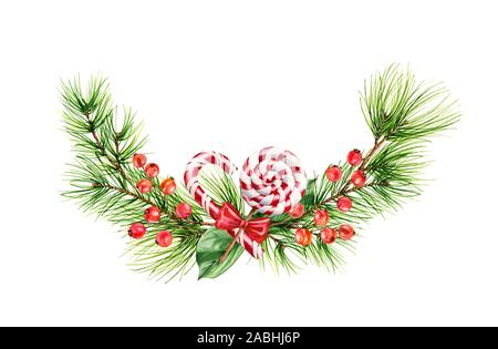 Aquarell Weihnachten rund Girlande mit Pine Tree Branches, Bonbons und rote Beeren. Hand gemalte Abbildung auf Weiß für neues Jahr isoliert Gruß Stockfoto