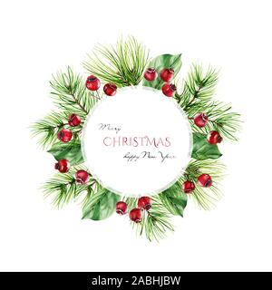 Runde Weihnachten Rahmen mit pine Zweige, roten Beeren und Platz für Text. Aquarell Grafik für Grußkarten, Banner, Einladungen, Kalender Stockfoto