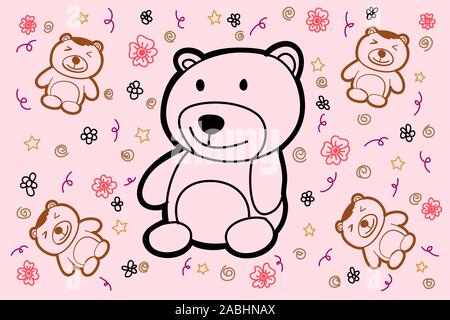 Zeichnung doodle von bear Puppen mit Blumen für die Dekoration, Tapeten, Publishing, Banner oder Sign Design gesetzt. Editable Vector Illustration graphic Desig Stock Vektor