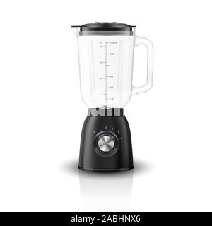 Vector 3d Realistische elektrische Schwarz Entsafter Mixer Gerät mit Glasbehälter Symbol Closeup isoliert auf weißem Hintergrund. Design Template, Gesundheit Stock Vektor