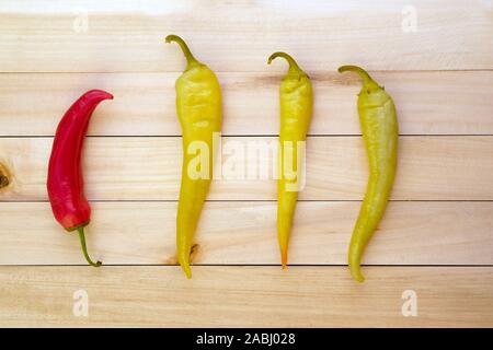 Hülsen der rote und grüne Pfeffer auf einem hölzernen Hintergrund. Scharfe rote und grüne Paprika Blick von oben. Stockfoto