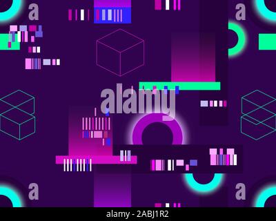 Cyberpunk nahtlose Muster. Retro-futurismus der 80er Jahre. Neon runden und lineares Licht strahlen. Glitch, Signal fehlerhaft. Hintergrund synthwave. Vektor illustrati Stock Vektor