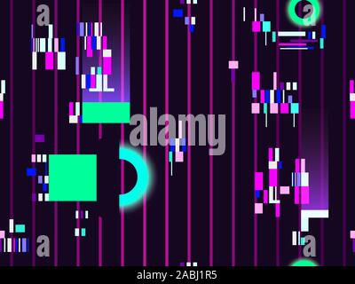 Cyberpunk nahtlose Muster. Retro-futurismus der 80er Jahre. Neon runden und lineares Licht strahlen. Glitch, Signal fehlerhaft. Hintergrund synthwave. Vektor illustrati Stock Vektor