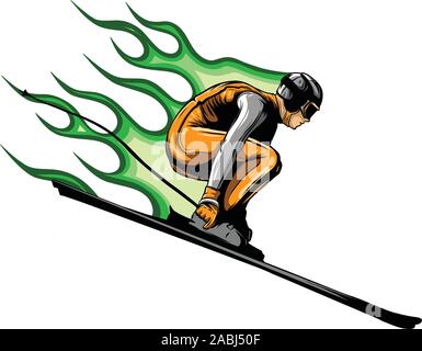 Lächelnd cartoon Skifahrer. Mountain Ski Sportler Charakter mit Schutzbrille und skianzug. Junger Mann auf Skiern Vector Illustration. Stock Vektor