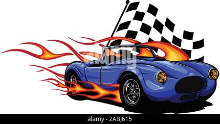 Vector Illustration Muscle Car mit Flammen und Race flag Stock Vektor