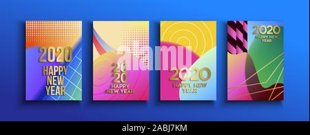 Frohes Neues Jahr Grußkarten-Set von retro-futuristischen Formen in bunten 3D-Stil. Neon abstrakte Form für 2020 Jahre Eva. Stock Vektor