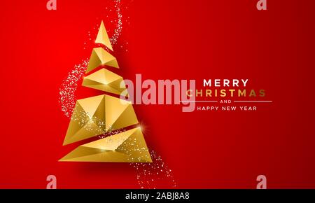 Frohe Weihnachten und ein glückliches neues Jahr Gold 3d Xmas Tree in abstrakten Low Poly Dreieck Stil auf festlichen roten Hintergrund. Ideal für die Grußkarte oder elegante Stock Vektor
