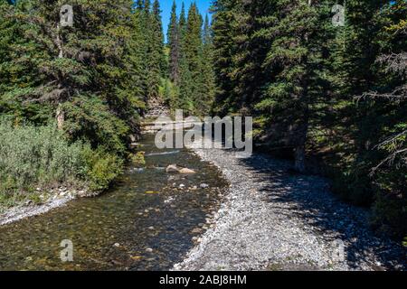 Schönen fließenden Bergbach entlang einer felsigen Flussbett, mit schönen Bäumen und Felsen gesäumt. Stockfoto