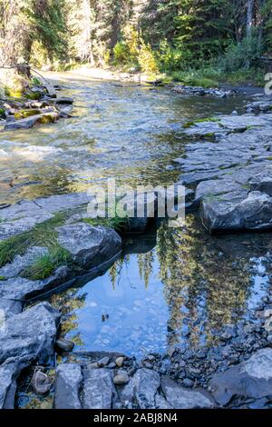 Schönen fließenden Bergbach entlang einer felsigen Flussbett, mit schönen Bäumen und Felsen gesäumt. Stockfoto