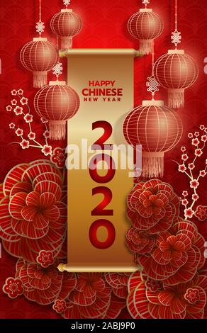 2020 Chinesisches Neujahr Grußkarte Sternzeichen mit Papier schneiden. Jahr der Ratte. Goldene und rote Ornament. Konzept für Holiday banner Vorlage, Dekor El Stock Vektor
