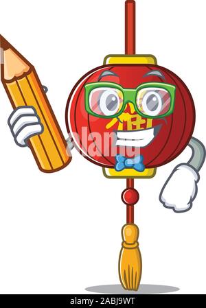 Cool smart Student asiatische Laternen Charakter holding Bleistift Stock Vektor
