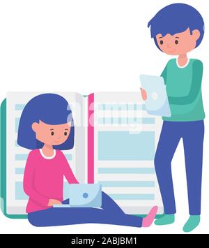 Junge Frau mit Laptop und Mann mit Tablet open book online lernen Vektor illustration Stock Vektor