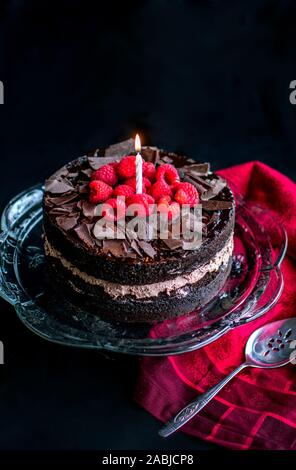 Eine einzelne brennende Kerze leuchtet auf einem verstorbenen Schokolade 2-in-1-Torte mit Himbeeren Stockfoto