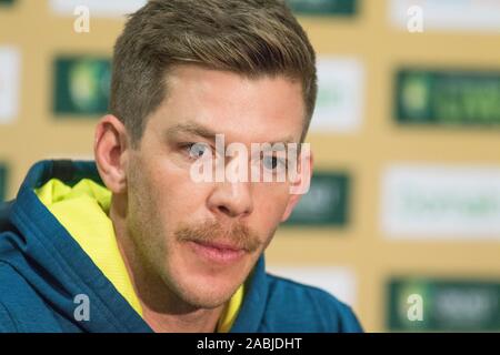 Adelaide, Australien, 28. November 2019. Australien Grille Test Kapitän Tim Paine gibt einen Medien Interview vor der zweiten Domain Tag Nacht mit einem rosa Ball, der am Freitag zwischen Australien und Pakistan an der Adelaide Oval beginnt zu testen. Australien führt 1-0 im 2 Spiel der Serie. Credit: Amer ghazzal/Alamy leben Nachrichten Stockfoto