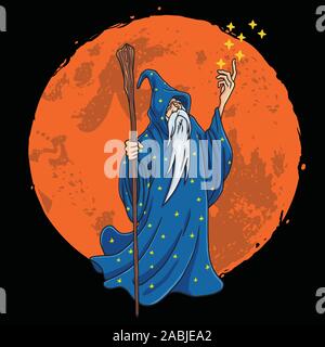 Assistenten mit blauen und Sterne Kleidung Character Design Cartoon mit Mond Hintergrund Vector Illustration Stock Vektor