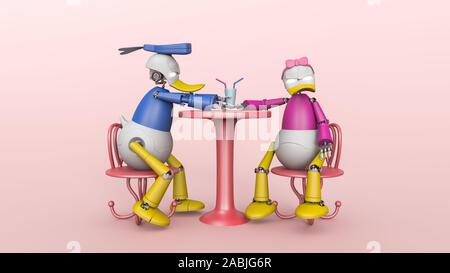 3D-Illustration Happy Robot verliebtes Paar im Cafe trinken einen Milchshake aus demselben Glas. Junger Mann und Frau Roboter Roboter mit einem Schokoladen Shake auf Stockfoto