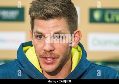 Adelaide, Australien, 28. November 2019. Australien Grille Test Kapitän Tim Paine gibt einen Medien Interview vor der zweiten Domain Tag Nacht mit einem rosa Ball, der am Freitag zwischen Australien und Pakistan an der Adelaide Oval beginnt zu testen. Australien führt 1-0 im 2 Spiel der Serie. Credit: Amer ghazzal/Alamy leben Nachrichten Stockfoto