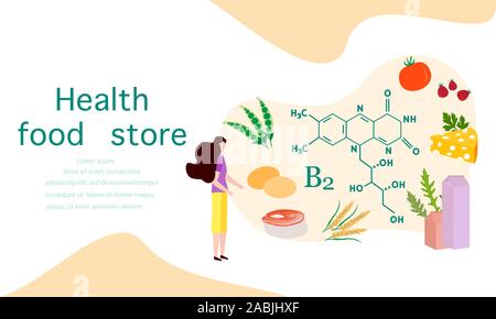 Vector Illustration mit Menschen, gesunde Lebensmittel, die reich an Vitaminen. Gesunde Lebensweise, richtige Ernährung, Diät Konzept. Vitamin B2-Quellen. Design für Ap Stock Vektor