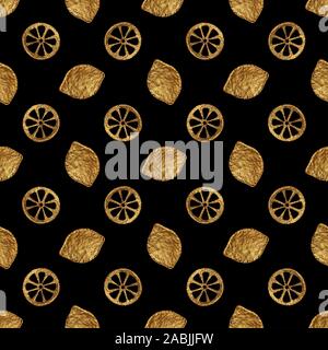 Zitronen Gold handbemalt nahtlose Muster. Abstrakte Citrus goldenen Hintergrund. Obst glitter Luxus Textur im Vintage Style. Stockfoto