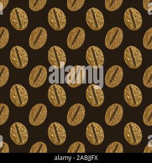 Kaffeebohnen gold nahtlose Muster. Abstrakte handbemalte goldenen Hintergrund. Stilisierte glitter Textur im Vintage Style. Stockfoto