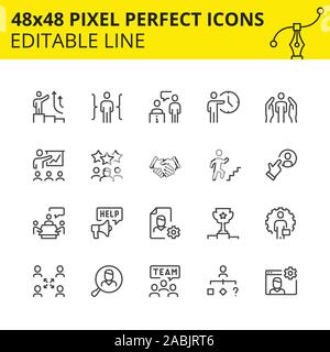 Editierbare Symbole für Business Process und Teamarbeit mit Treffen, Zusammenarbeit, Zeitmanagement, Forschung etc. Pixel Perfect. Skaliert. Stock Vektor
