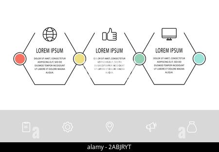 Vektor flachbild Infografik Vorlage. Line Sechseck mit Text und Symbolen für die drei Diagramme, Graphen, Flussdiagramm, Timeline, Marketing, Präsentation. Geschäft Stock Vektor