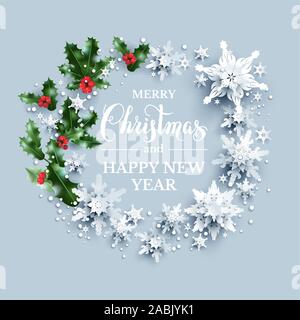 Snowy Kranz mit Holly und Schneeflocken Stock Vektor