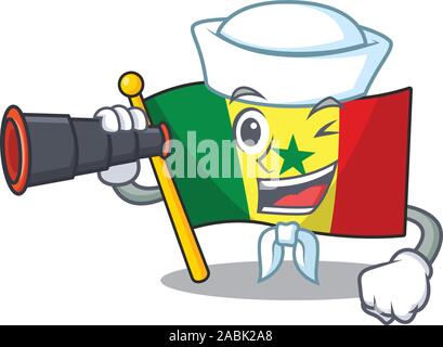 Smiling Happy Sailor mit Fernglas Flagge Senegal cartoon Design Stock Vektor