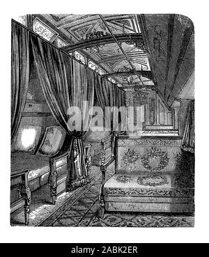 Luxuriöse Schlafzimmer Innenraum auf Zug Eisenbahn in totalem Komfort mit Holzvertäfelung, Betten zu reisen, sitzt, Zimmer und Damastvorhängen, 19. Jahrhundert Stockfoto
