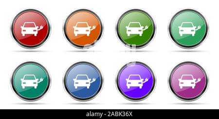 Elektroauto, Energie Symbole, die runde glänzend Web Buttons mit silber-metallic Chrom Grenzen auf weißem Hintergrund in 8 Optionen isolierte Gruppe Stockfoto