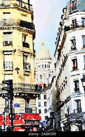 Einer Kreuzung im Zentrum von Paris und im Hintergrund die Kirche Sacre Coeur Stockfoto