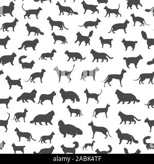 Katzenrassen Icon Set Flat Style nahtlose Muster. Cartoon Silhouetten Katzen Figuren Sammlung. Vector Illustration Stock Vektor